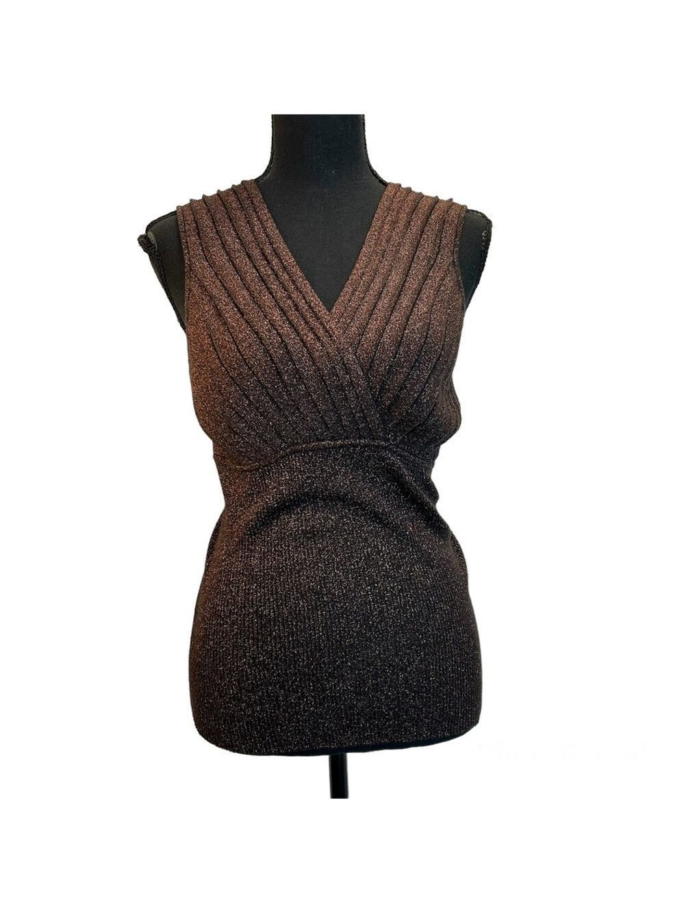 J Michaels metallic bronze brown glitter V-neck tank top knit blouse Sz L